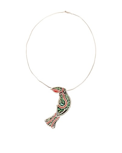 1970’s Sterling Parrot Necklace, Green/Red/Silver