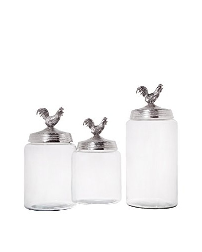 Set of 3 Silver Rooster Top Canisters