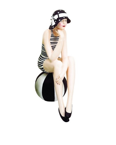 Large Resin Beach Beauty in Black and White Swimsuit on Striped Ball