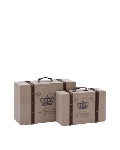 Set of 2 Burlap Suitcases With Crowns