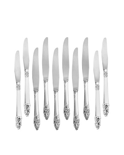 Vintage Set of 10 English Silver Knives with Etched Handles, c.1940s