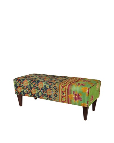 One of a Kind Kantha Tufted Bench, Green/Black Multi