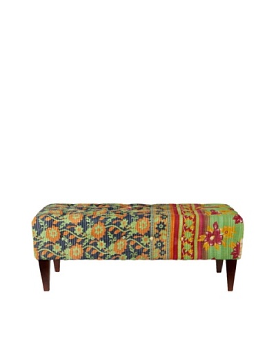One of a Kind Kantha Tufted Bench, Green/Black Multi