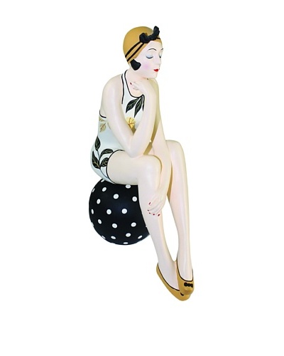 Large Resin Beach Beauty in Floral Swimsuit on Black Polka Dot Ball with Gold Hat