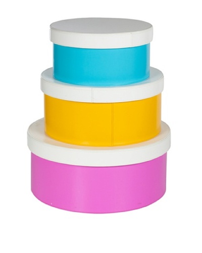 Set of 3 Colorful Round Storage Boxes, Blue, Yellow, Pink