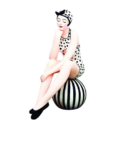 Large Resin Beach Beauty in Snow Leopard Swimsuit on Striped Ball