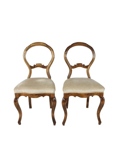 Set of French Walnut Balloon Back Chairs, Brown/Beige