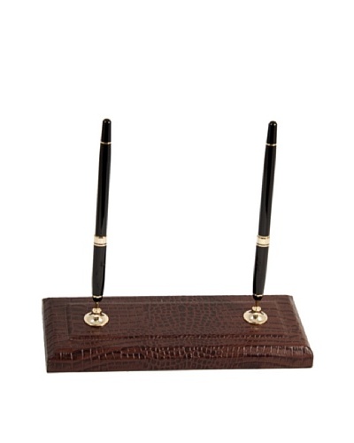 Croc-Embossed Leather Double Pen Stand with Gold-Plated Accents