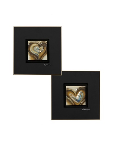 Pair of Hearts Tan/Multi Painted Tiles in Glass