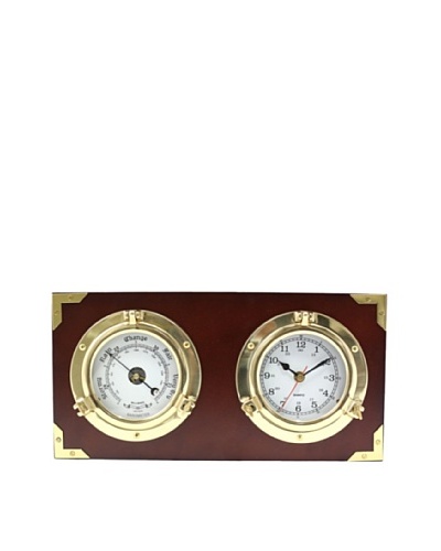 Two Porthole Quartz Clock & Barometer on Teak Wood