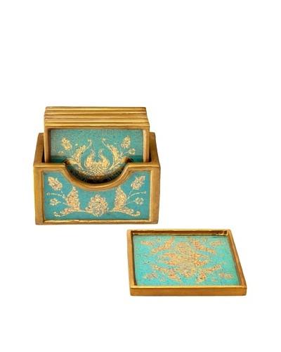 Set of 6 Reverse-Painted Glass Coasters, Turquoise