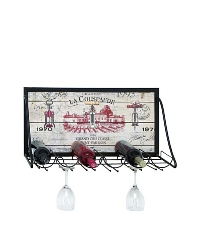 Chateau La Couspaude Wooden Wall Rack: Holds 6 Bottles and 6 Glasses