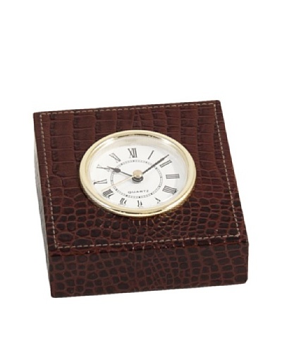 Croc-Embossed Leather Quartz Clock with Gold-Plated Accents
