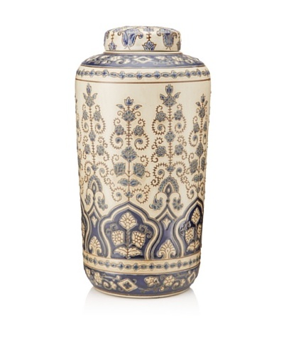 Palmette Ceramic Jar, White/Blue, Tall