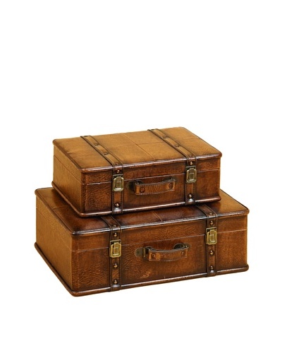 Set of 2 Wood & Leather Suitcase Storage Trunks