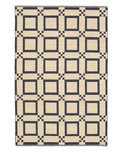 Hand Woven Natural Plush Wool Flatweave Kilim, Cream/Dark Navy, 5' 1 x 7' 7