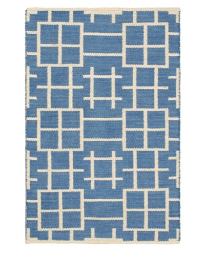 Hand Woven Natural Plush Wool Flatweave Kilim, Blue/Blue Azure/Cream, 3' 7 x 5' 5