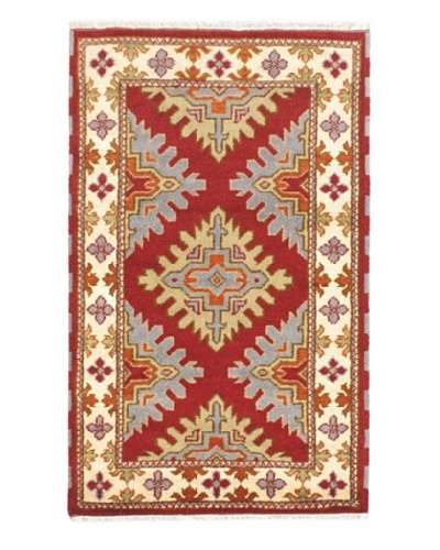 Hand-Knotted Royal Kazak Wool Rug, Cream, Dark Red, 3' x 5'