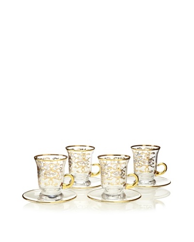 A Casa K Set of 4 Freg12 Décor Crystal 4-Oz. Coffee Cup & Saucer Set, Clear/Gold