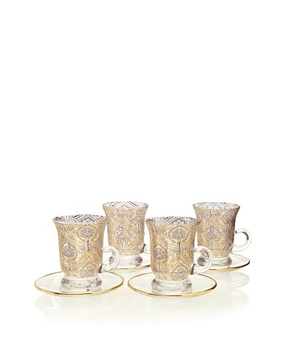 A Casa K Set of 4 Dupont Décor Crystal 5-Oz. Teacup & Saucer Set, Clear/Gold