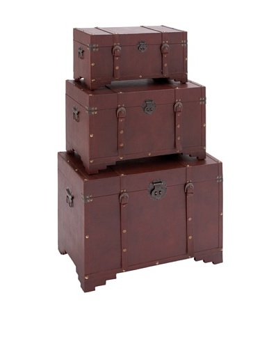 UMA Set of 3 Wood/Leather Trunks, Burgundy