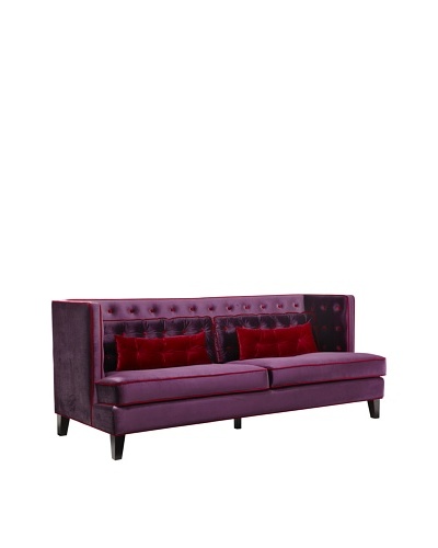 Armen Living Moulin Sofa in Velvet with Contrast Piping, Purple/Red