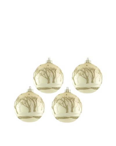 Artisan Glass by Seasons Designs Set of 4 Candlelight Glitter Forest Glass Ornaments, Crème Matte