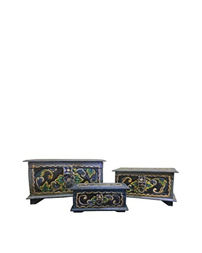 Asian Loft Set of 3 Hand-Carved Wooden Balinese Nesting Boxes, Blue/Grey/Green