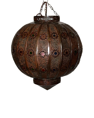 Badia Design Dark Tin Round Lantern with Multi-Color Glass, Brown