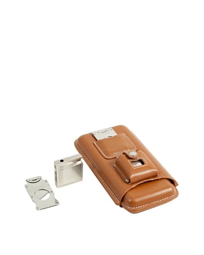 Bey-Berk 3-Cigar Leather Holder with Cutter & Lighter, Brown