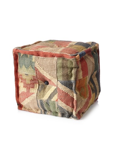 Boheme Collection Patchwook Wool Jute Pouf, Cube, Multi