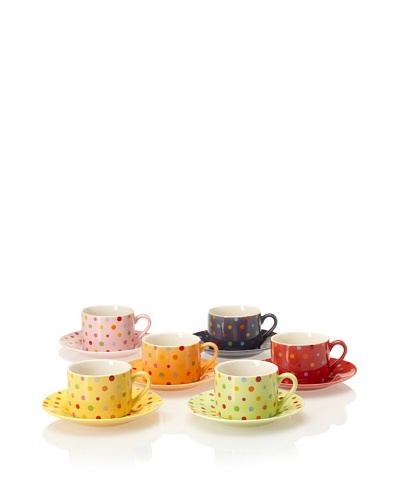 Classic Coffee & Tea Set of 6 Polka-Dot Tea Cups & Saucers, Assorted, 7-Oz.