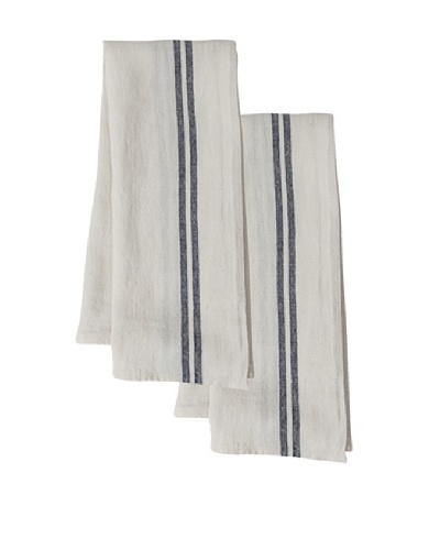 Couleur Nature Set of 2 Vintage Linen Stripe Tea Towels, Navy