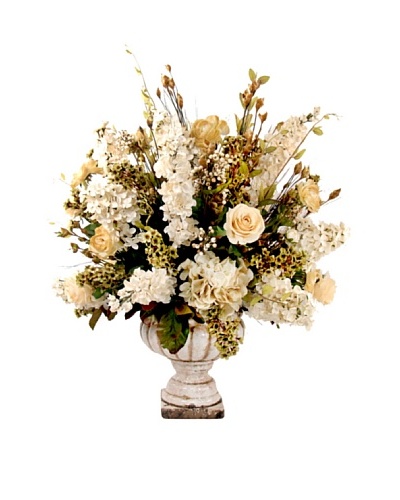Creative Displays Cream Rose, Delphinium, & Hydrangea Floral in Stone Urn, 32x37x32