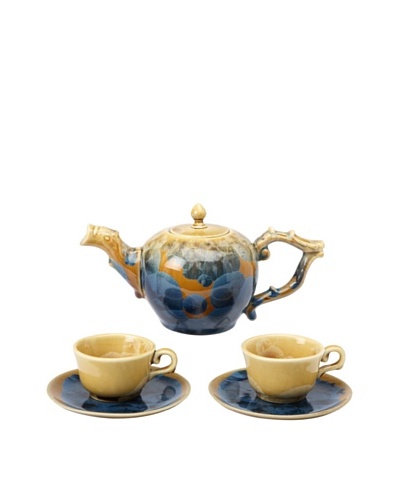 Crystalline Low Round-Shape Decorative Tea Set, Blue/Yellow