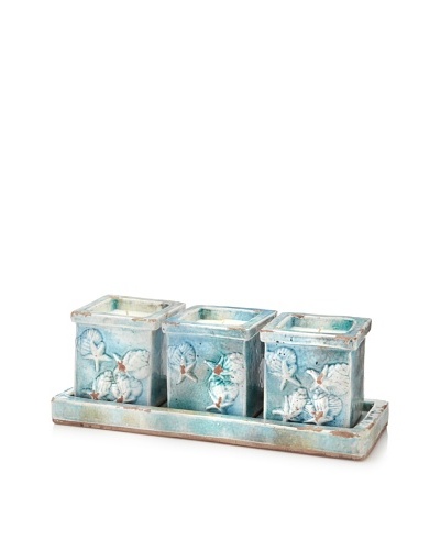 Set of 3 Sea Icon Ceramic Candle Pots on Tray, Pale Blue