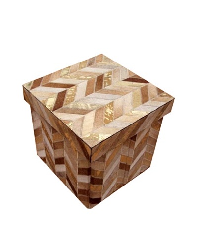 Design Accents Collapsible Box with Chevron Cowhide, Beige/Gold, 16