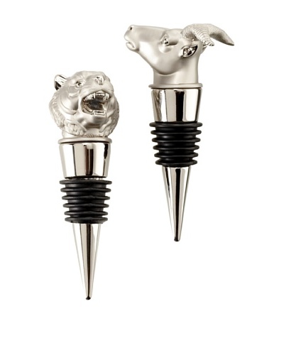 D.L. & Co. Set of 2 Metal Wine Stoppers, Tiger/Ram