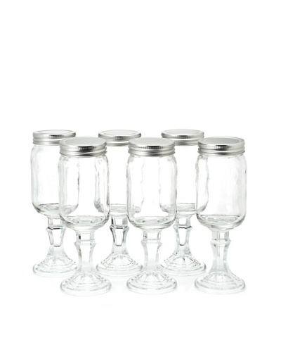 Home Essentials Set of 6 Stemmed Mason Wine Jars, Clear/Silver