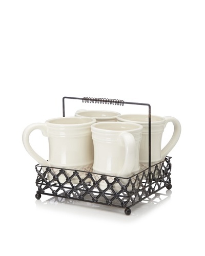 Home Essentials Pressed Metal Basket Caddy with 4 Mugs, Off-White/Bronze