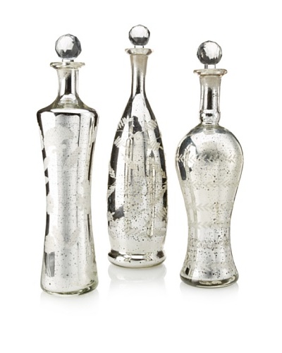 The Import Collection Set of 3 Antonia Glass Bottles, Silver