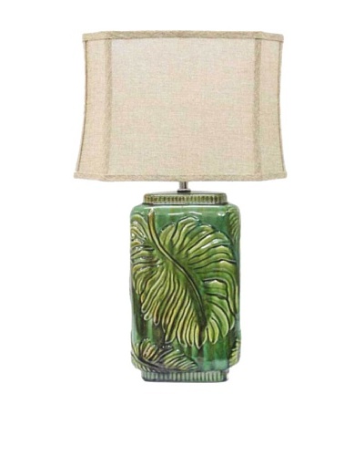 Integrity Lighting Glazed Ceramic Table Lamp with Raised Leaf Design, Green