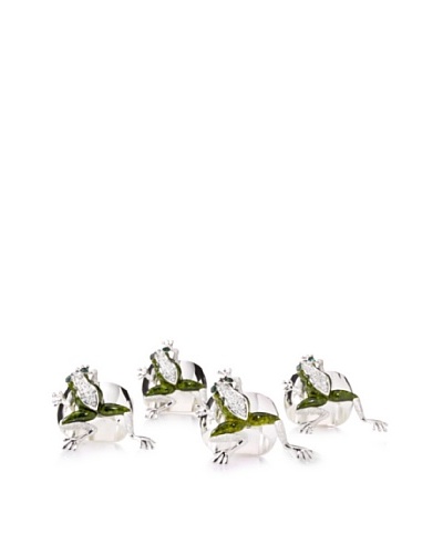 Isabella Adams Set of 4 Tree Frog Napkin Rings with Swarovski Crystals, Green/Silver