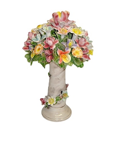 Italian Capodimonte Hand-Made Ceramic Flower Basket On Column