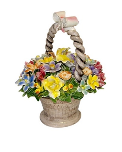 Italian Capodimonte Hand-Made Ceramic Flower Basket With Handle And Bow