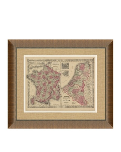 Johnson and Ward Antique (1860's) Map of France, Holland & Belgium, 28 x 34