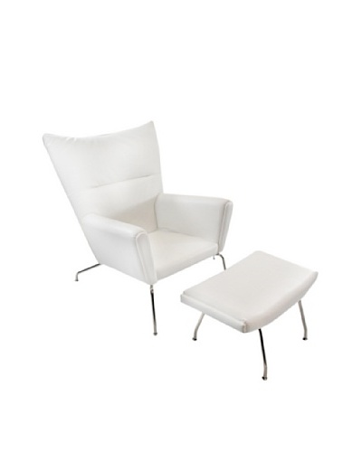 Manhattan Living Wing Chair and Ottoman Set in Leather, White