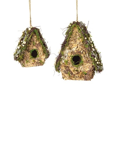 Melrose Set of 2 Iced Birdhouse with Moss, Pine Cones & Berries