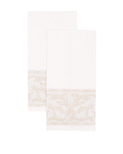 Mierco Fine Linens Set of 2 Floral-Border Tea Towels, White/Taupe, 20 x 28