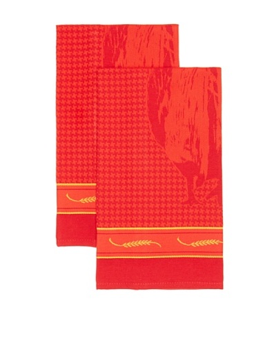 Mierco Fine Linens Set of 2 Rooster Jacquard Tea Towels [Red]